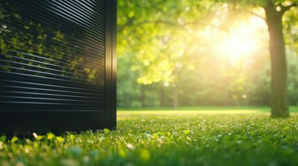 Tranquil garden morning with sunlit lawn and open window for relaxation and nature connection