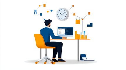 Young professional working at desk with laptop and visual data representations, displaying time management and productivity concepts in a modern office