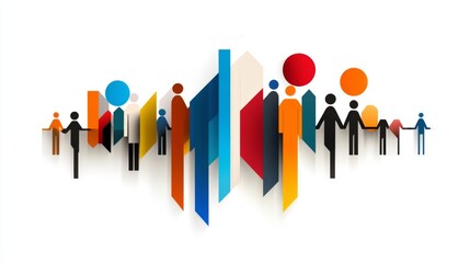 Abstract artwork featuring stylized figures and geometric shapes in vibrant colors representing diversity, unity, and creativity in contemporary design elements