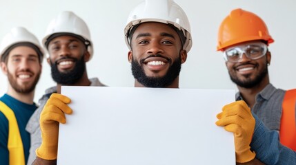 Happy diverse construction workers smiling confidently while holding a blank sign in a bright workspace ready for advertising and business promotion