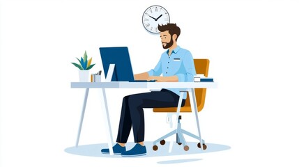 Young professional man working on a computer at a stylish modern desk with a plant and clock in a bright, minimalistic office setting, focusing on productivity and organization