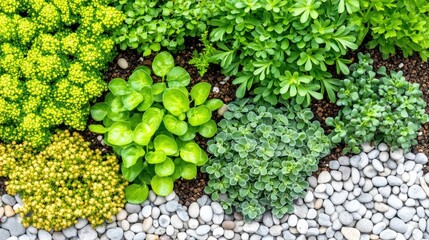 Top view of lush green plants in garden bed with pebbles.