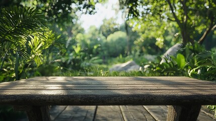 Fototapeta premium Wooden Tabletop with a Blurred Green Forest Background