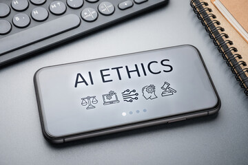 AI ethics concept, text on smartphone, AI technology with responsibility, regulation, and policy .
