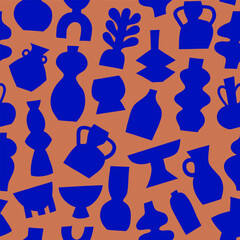 Seamless pattern with ceramic pottery tableware. Silhouettes of different pottery vases and ceramic shapes. Vector illustration.