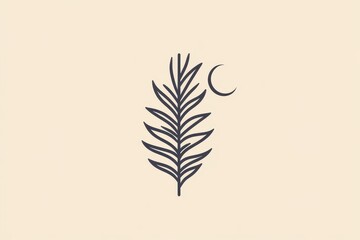 Minimal Icon of Date Palm Branch with Crescent Moon on Beige Background