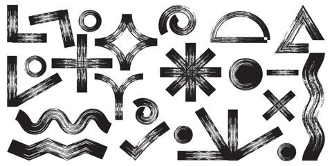 Memphis geometric seamless pattern, on bold brush drawn geometric figures black. Creative minimalist style art background for children or trendy design with basic shapes.
