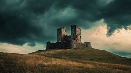 Obraz premium A lone ancient castle stands solemnly under stormy skies, atop a grassy hill, evoking a sense of history and mystery.