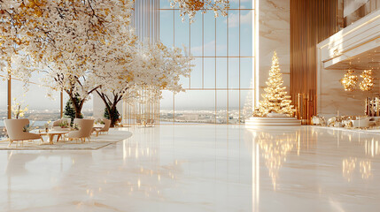 Luxurious hotel lobby Christmas decor, city view