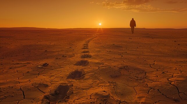 Dirt road in the desert with footprints of people walking