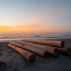 A set of felled tree logs arranged neatly on a patch of soft, golden sand under a vibrant orange sunset sky. 