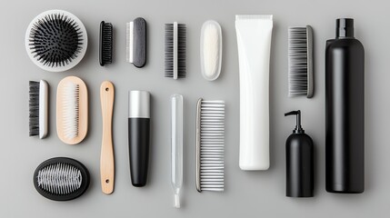 Fototapeta premium Flat lay of haircare products and tools arranged neatly on a gray background.