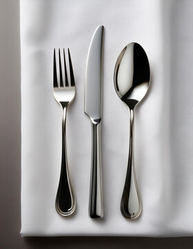 Cubiertos cuchara cuchillo y tenedor de acero inoxidable dispuestos en una mesa para comer con una servilleta blanca