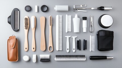 Flat lay of assorted grooming tools arranged neatly on a gray background, showcasing a variety of personal care essentials.