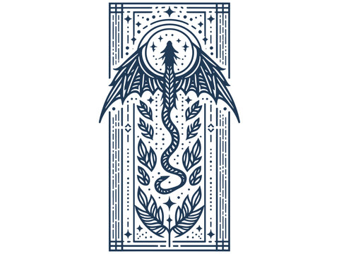 Dragon in vertical celestial design Line art sketch tattoo.