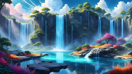 Serene digital painting of a vibrant, fantastical waterfall cascading into a turquoise pool, surrounded by lush greenery and colorful flowering plants under a dreamy sky.