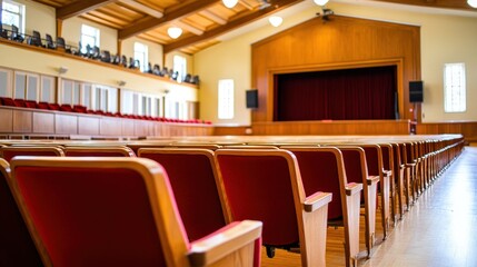 Empty auditorium with red seats, wooden stage, and balcony.