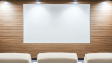 Modern conference room with minimalist design and projection screen