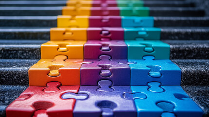 Obraz premium Colorful jigsaw puzzle pieces arranged on steps against dark background. Business strategy and problem solving concept