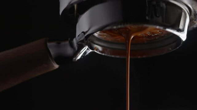 Slow motion pull espresso shot with bottomless portafilter on a professional coffee machine