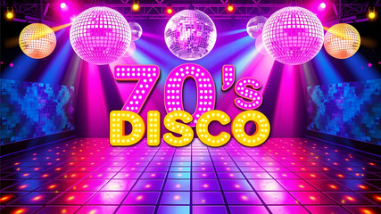 vibrant and fun 70s disco-themed flyer with glittering disco balls, neon lights, and colorful dance floor patterns. The flyer should have a retro style, Generative AI