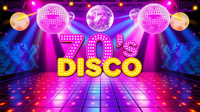 vibrant and fun 70s disco-themed flyer with glittering disco balls, neon lights, and colorful dance floor patterns. The flyer should have a retro style, Generative AI