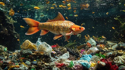 Naklejka premium Arowana Swimming Through Underwater Garbage in a Wide Angle Shot Captures Environmental Pollution Impact