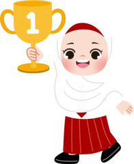 cute kid holding first place trophy