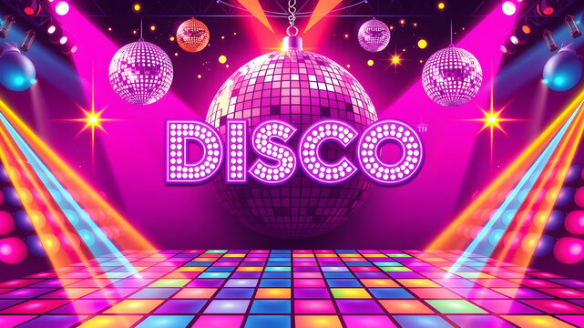vibrant and fun 70s disco-themed flyer with glittering disco balls, neon lights, and colorful dance floor patterns. The flyer should have a retro style, Generative AI