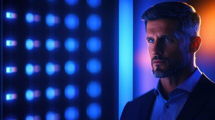 Fototapeta premium Serious man in front of glowing neon lights