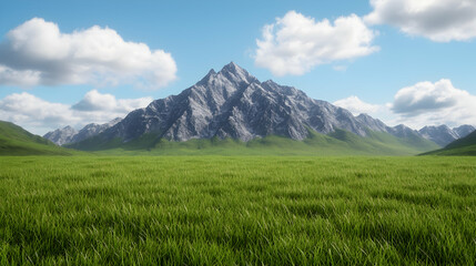 Fototapeta premium Majestic mountain peak, green meadow, sunny sky, landscape background, travel poster