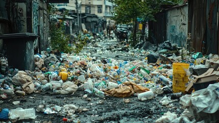 Obraz premium Littered Urban Alley with Abundant Trash and Garbage in a Wide Angle View