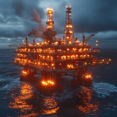 Obraz premium Offshore Oil Rig: Night Operations at Sea
