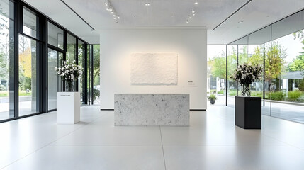 Fototapeta premium Minimalist marble reception desk stands in a bright modern office lobby with glass walls and floral arrangements during the day.