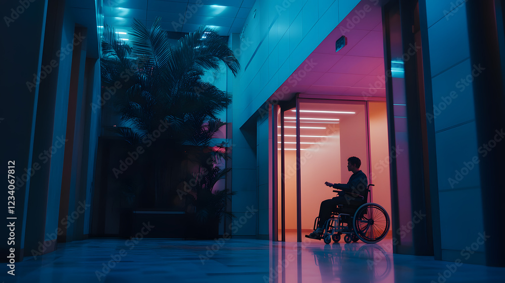 Poster silhouette of a person in a wheelchair in a modern building with neon lighting. palm trees and sleek