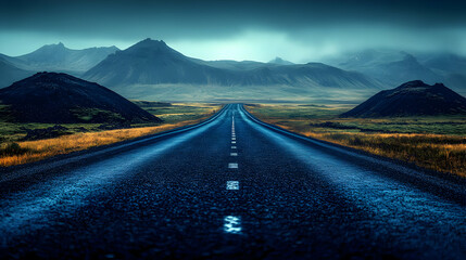 Dark Moody Landscape with Wet Asphalt Road Leading to Misty Mountains