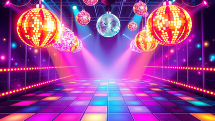 vibrant and fun 70s disco-themed flyer with glittering disco balls, neon lights, and colorful dance floor patterns. The flyer should have a retro style, Generative AI