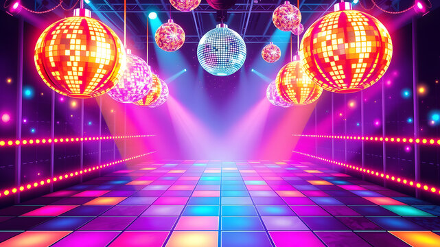 vibrant and fun 70s disco-themed flyer with glittering disco balls, neon lights, and colorful dance floor patterns. The flyer should have a retro style, Generative AI