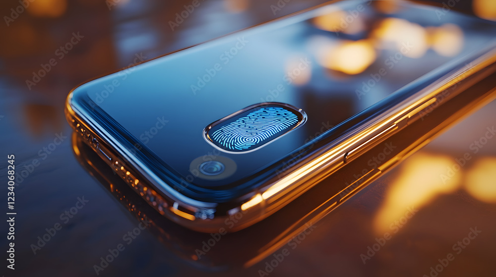 Poster close-up of a smartphone's fingerprint sensor, showcasing a glowing blue fingerprint scan. the sleek