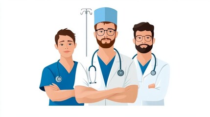 Fototapeta premium Group of Three Healthcare Professionals Including Nurse and Doctors Standing Confidently in Medical Uniforms with Medical Equipment Background