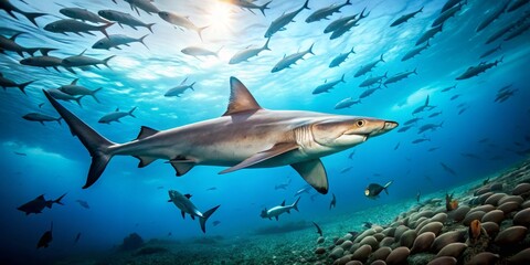 Obraz premium Underwater Scene with Shark Swimming Among School of Fish