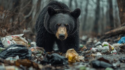 Black Bear Encountering Garbage in a Forested Area Captured with Wide Angle Perspective