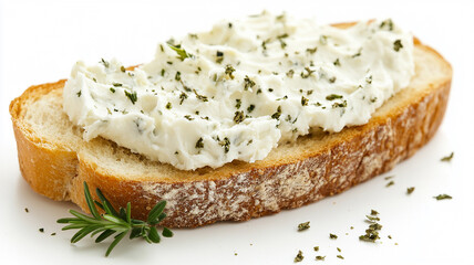 Top view of Slice of bread with cream cheese isolated on white background