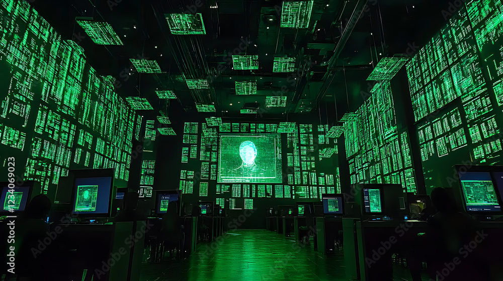 Poster a futuristic room filled with glowing green screens displaying cascading code.