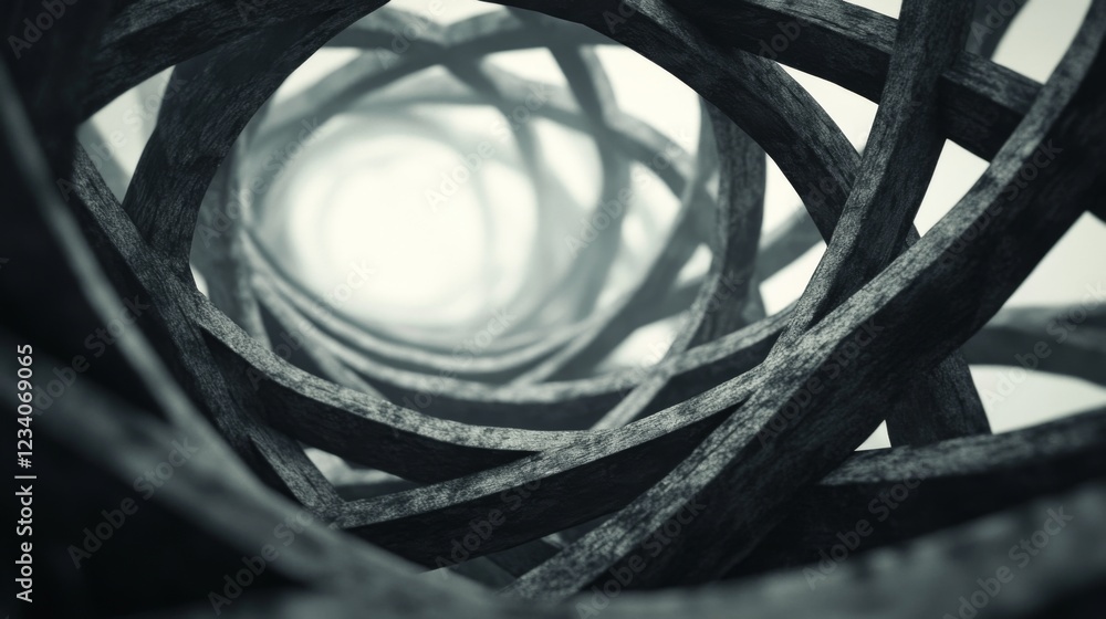 Aufkleber abstract grayscale image of swirling, interwoven, textured, cylindrical forms creating a tunnel-like