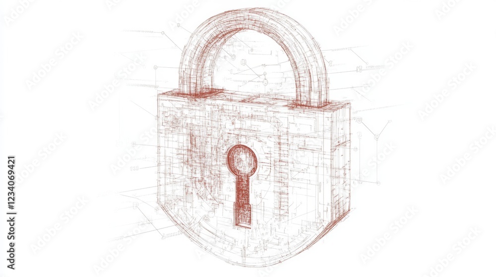 Poster abstract illustration of a padlock symbolizing security in a digital environment with data flow