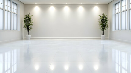 Fototapeta premium Empty bright room, plants, windows, spotless floor, interior design