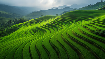 Fototapeta premium Terraced rice fields creating geometric patterns across mountain landscape, showcasing sustainable agriculture and traditional farming methods in Asian countryside