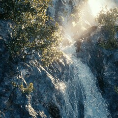 Waterfall cascading down rocky terrain in sunlight