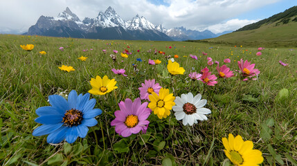Obraz premium Colorful wildflowers bloom in a green alpine meadow with snow-capped mountain peaks under a cloudy sky.